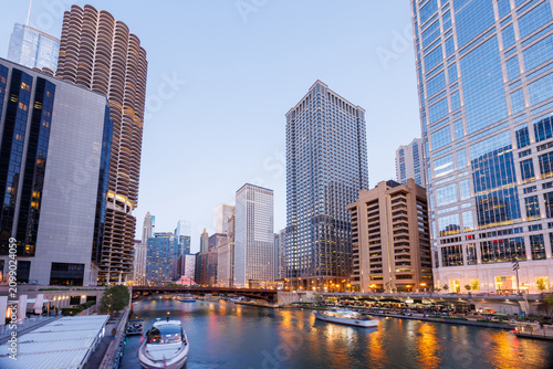 Scenic view of downtown Chicago during sunset