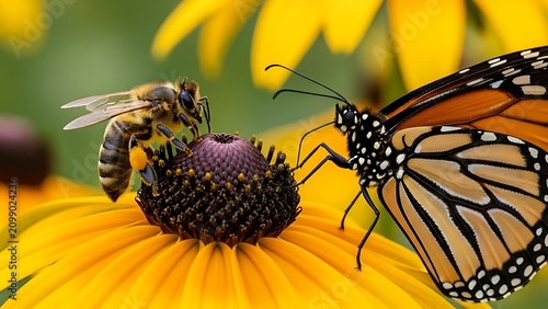 Monarch butterfly and honey bee feeding on yellow coneflower with butterfly