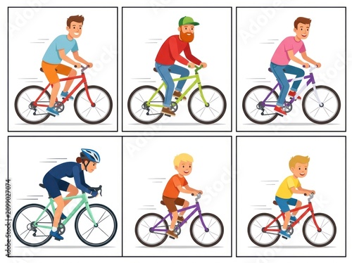 People riding bicycles in various colorful outfits and helmets outdoors