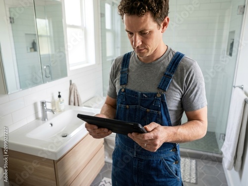 Man in overalls holding tablet standing in modern bathroom interior