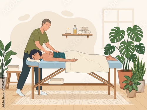 A man gives a massage to a woman lying on a table in a room with plants.
