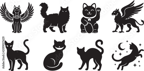 Fotografía Mythological and Folkloric Feline Mythical Cat Solid Black Silhouette Vector Pac