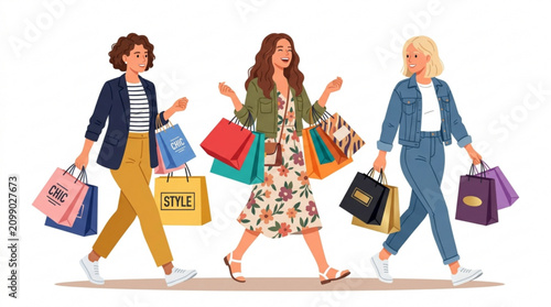 Fotografie Three women walking with shopping bags with carrying multiple colorful together
