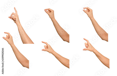 Female hand pinches thumb and index finger apart delicately. Digits hold something invisible, thin,