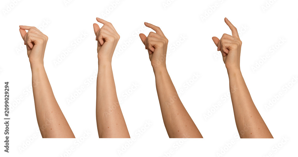 Obraz premium Female hand shows pinch gesture from pinky-side view. Thumb and index finger hold something