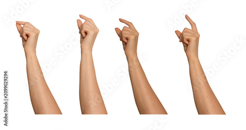 Female hand shows pinch gesture from pinky-side view. Thumb and index finger hold something