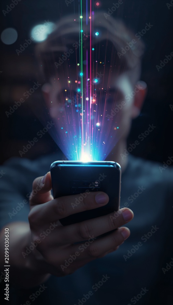 Fototapeta premium Glowing digital light streams emerging from a smartphone, symbolizing artificial intelligence, mobile technology, data transfer and futuristic communication.