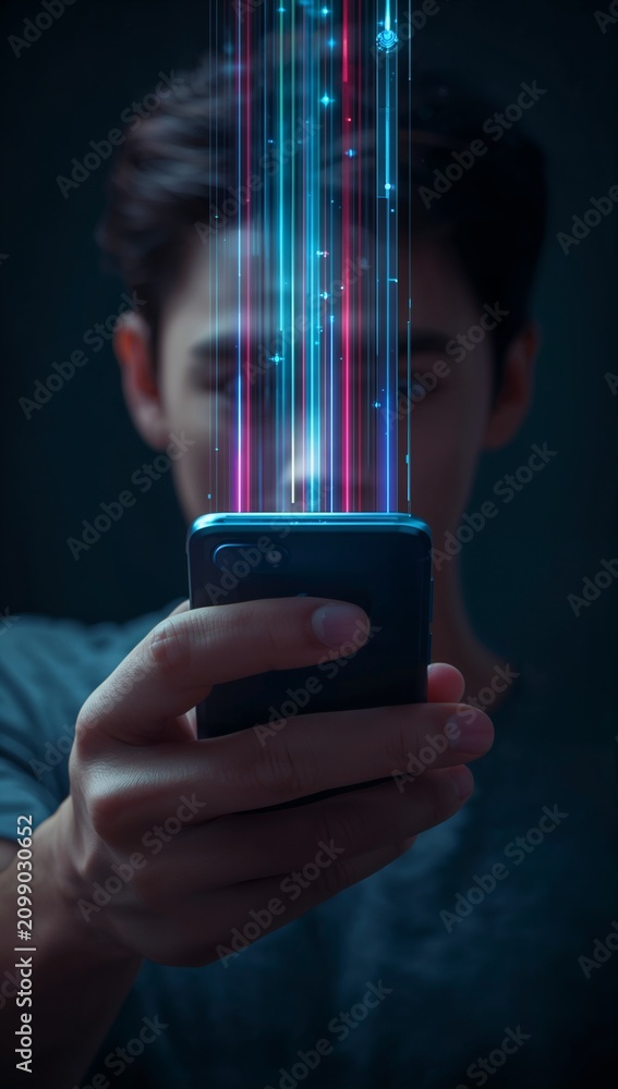 Fototapeta premium Glowing digital light streams emerging from a smartphone, symbolizing artificial intelligence, mobile technology, data transfer and futuristic communication.
