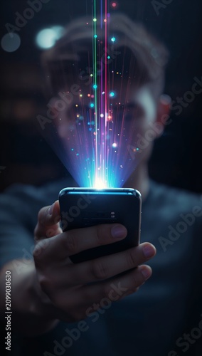 Glowing digital light streams emerging from a smartphone, symbolizing artificial intelligence, mobile technology, data transfer and futuristic communication.