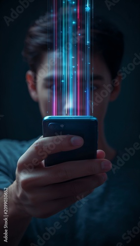 Glowing digital light streams emerging from a smartphone, symbolizing artificial intelligence, mobile technology, data transfer and futuristic communication.