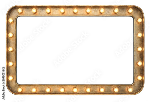 Vintage rectangular mirror frame with glowing light bulbs isolated on transparent background
