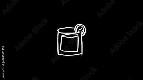 Cocktail glass hand drawn animation, refreshing drink, alcohol beverage, liquid motion, party night, bar menu element, sketch style doodle, celebration motion