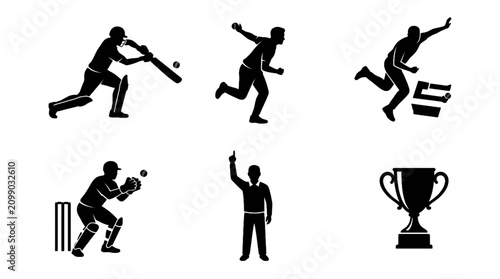 Fotografie Cricket Player Black Silhouette Vector Icon Set Featuring Batsman Bowler Wicketk