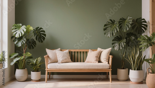 Minimalist Living Room with Wooden Bench, Neutral Pillows, and Lush Green Plants