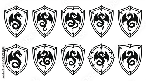 Professional asset sheet of fantasy dragon emblem shield icons collection on a white background