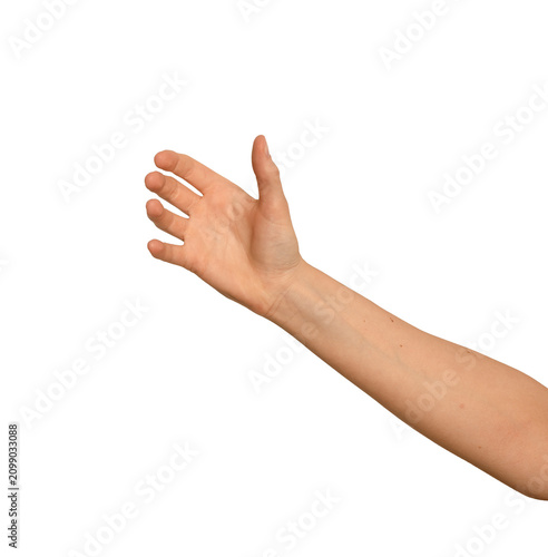 Female right hand holds an invisible phone overhead. Fingers wrap around the unseen mobile device