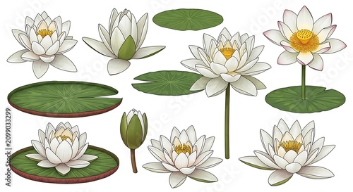 White Water Lily Flowers and Green Lily Pads Arranged on Clean Botanical Background