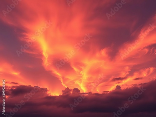 Dramatic orange and pink hues illuminate the autumn sky as clouds transform into fiery wisps, horizon, pink