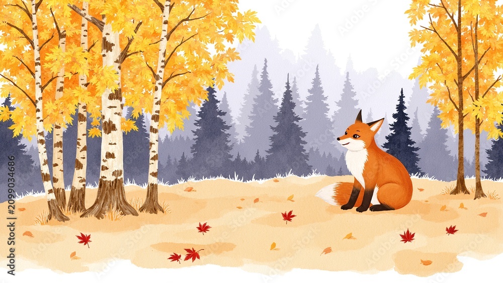 Fototapeta premium Smiling Fox in Autumn Watercolor