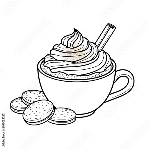 Black and White Hot Cocoa Cup with Whipped Cream and Cookies on White Background