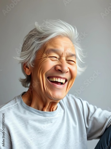 Laughing senior with wispy grey hair, joyful expression, relaxed posture, gentle smile, surrounded by soft focus grey background, Wispy Hair, Smile