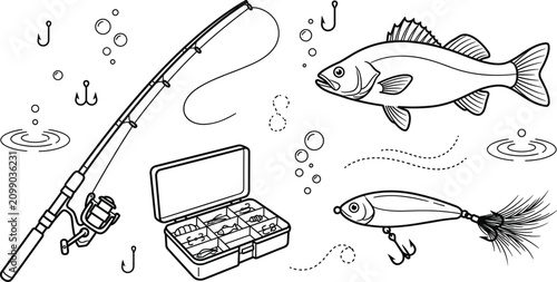 Fotografía Fishing tackle gear line art vector illustration set with rod reel tackle box ba