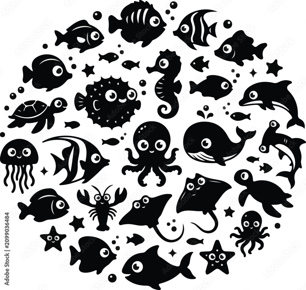 Obraz premium Friendly cartoon blue shark swimming and fin silhouette icons set