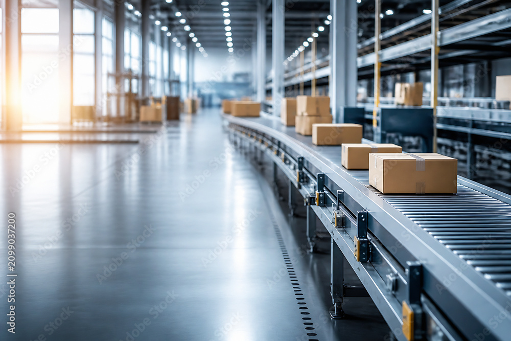 Fototapeta premium An automated conveyor belt system in a large, modern warehouse with bright natural light streaming through windows.
