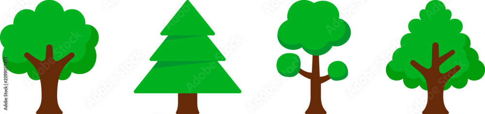 Fototapeta premium Green Tree Flat Icon Set with Oak Pine and Round Canopy Design 