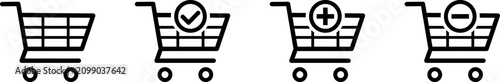 Shopping Cart Line Icon Set with Add Remove and Checkmark for E-commerce Design
