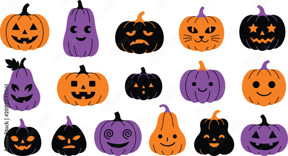 Naklejka premium Halloween pumpkins and gourds with various faces