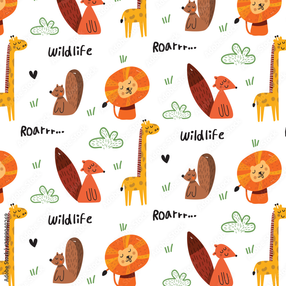 Fototapeta premium Tropical Animals Cute Funny Illustration Seamless Pattern Background