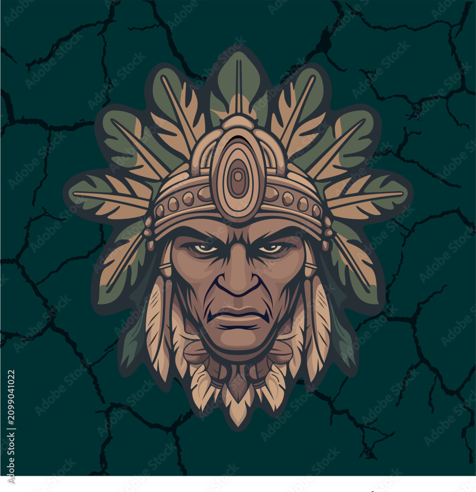 Obraz premium Tribal mask warrior indian with stern face surrounded by stylized leaves and ornamental ethnic details on a dark stylized background