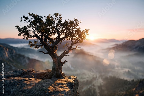 Generated ai Majestic Lonely Tree on Cliff Peak Witnessing Golden Sunrise over Misty Valley