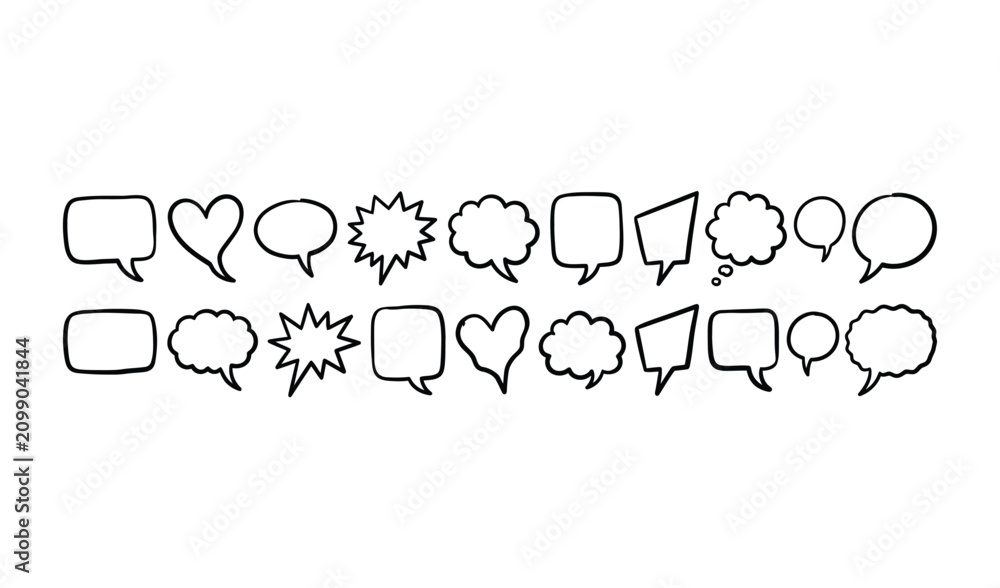 Fototapeta premium Hand-drawn black and white speech bubble icons set with hearts, stars, and clouds for comic book design