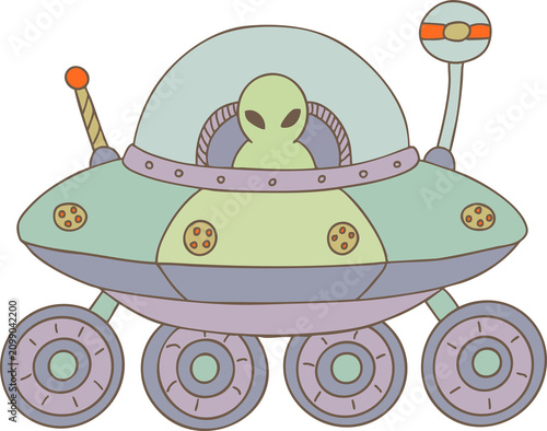 Cute green alien driving a retro space rover ufo vehicle with wheels hand drawn vector illustration isolated on white background