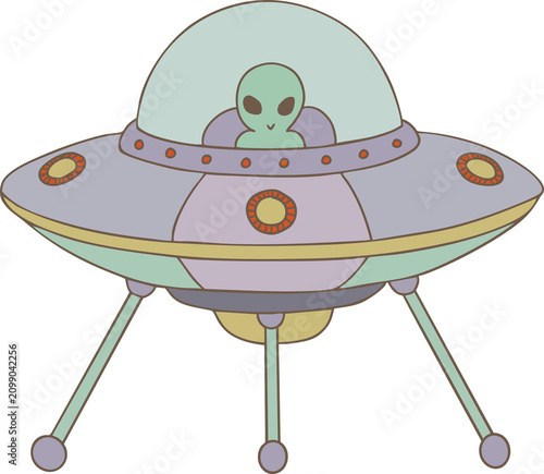 Retro Style Cute Spaceship UFO with Tripod Landing Legs and Green Alien Pilot Inside Cockpit Illustration