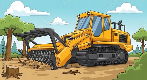 Yellow Forestry Mulcher Clearing Tree Debris in Cartoon Woodland