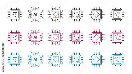 AI microchip and CPU processor icons set, vector computer semiconductor chips in black, purple, and blue color isolated on transparent background, technology and artificial intelligence concept, EPS10