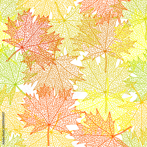 Seamless continuous maple leaf pattern with golden gradient on  red  background.ai