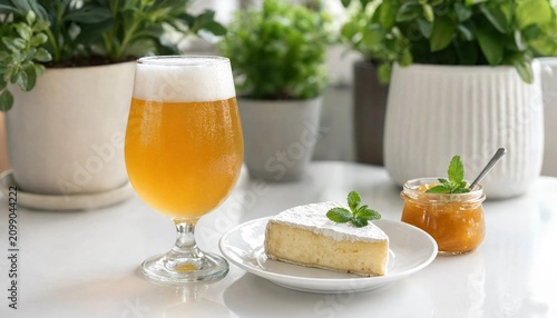 Glass of cold light beer served with brie cheese and fruit jam on white table