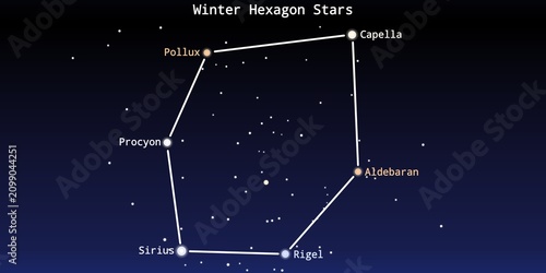 Bild auf Leinwand The Winter Hexagon Stars Asterism in the Night Sky Illustration (Sirius, Procyon