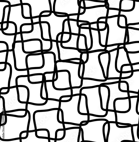 Seamless continuous geometric grid pattern of uneven squares with rounded corners on a white background