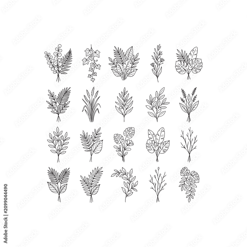 Fototapeta premium Minimalist Botanical Leaf Bouquet Outline Drawing for Contemporary Organic Brand Identity Layouts