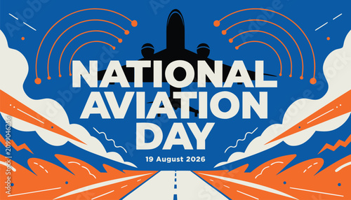 Tableau sur toile Flat vector illustration celebrating national aviation day with airplane silhoue