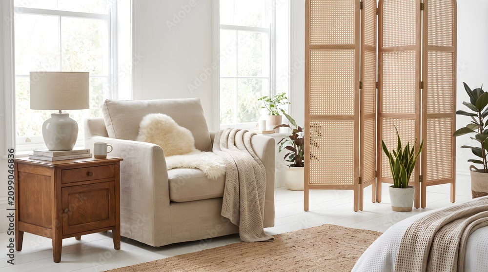 Fototapeta premium A comfortable beige armchair in a bright and airy living room with a side table and room divider . 
