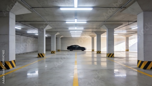 Modern black sedan car parked alone in an empty underground parking garage.