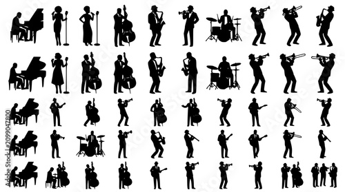 Sticker Jazz Band Silhouettes Vector Set with Pianist Singer Double Bassist Saxophonist