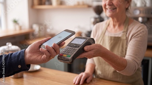 Customer paying with a smartphone at the counter of a family-owned neighborhood cafe. Modern payment technology makes everyday purchases fast, simple and convenient for local businesses.
