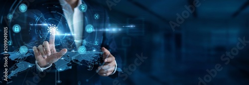 Foto Data scientist touching Machine Learning and Global Networking, AI model systems, predictive analytics, neural networks, automation algorithms, intelligent data processing solutions